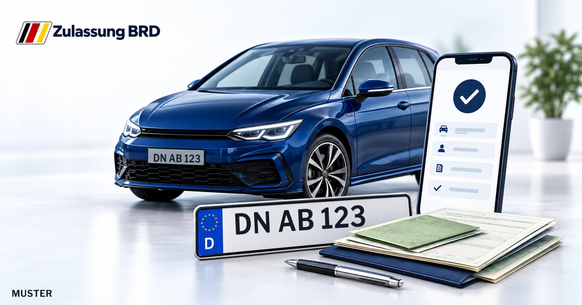 Online Fahrzeugzulassung in Aldenhoven: Musterkennzeichen DN AB 123, Auto und Fahrzeugpapiere und Smartphone. Illustration mit Logo von Zulassung BRD.